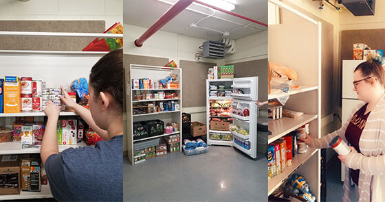 Orion Hall Residence Director Tori Penney (left) and resident assistant Lydia Thorner (right) stock shelves at the Midcoast Campus Captain’s Cupboard.