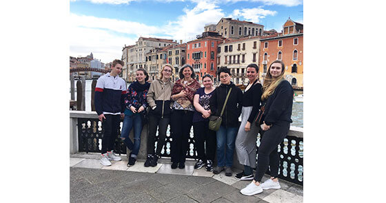 Shown in Venice are Trevor Gough, Emma Rose DiMuzio, Molly Weathers, Fine Arts Professor Virginia Rose, Elizabeth O'Shea, Allina Podgurski, Sadie Hansbury and Margaret Goodson.