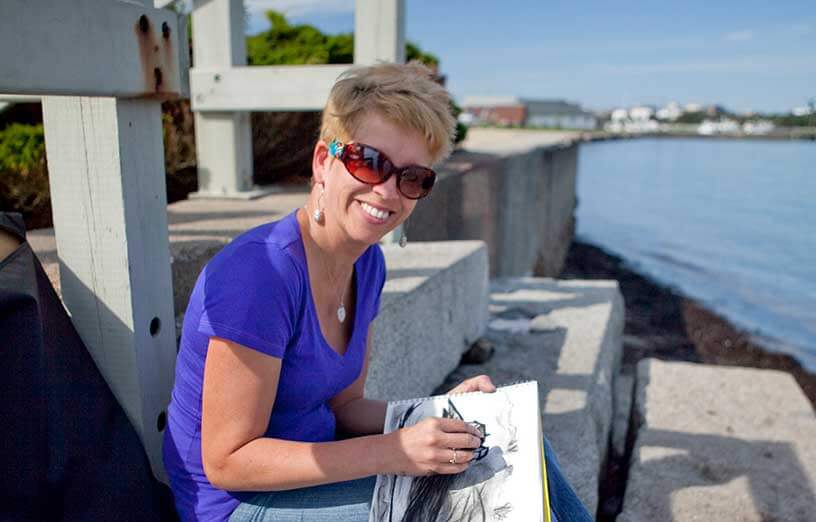 art-student-drawing-by-the-beach-SMCC-Maine