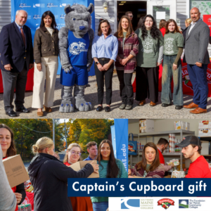 Hannafor Captains Cupboard Gift Collage of photos celebrating Hannaford Supermarkets’ support for SMCC’s Captain’s Cupboard food pantry. Top photo shows SMCC representatives, students, partners and Wolfie posing together. Bottom photos show volunteers distributing and stocking food donations. Text reads “Captain’s Cupboard gift,” with SMCC, Hannaford and Foundation for Maine’s Community Colleges logos below.